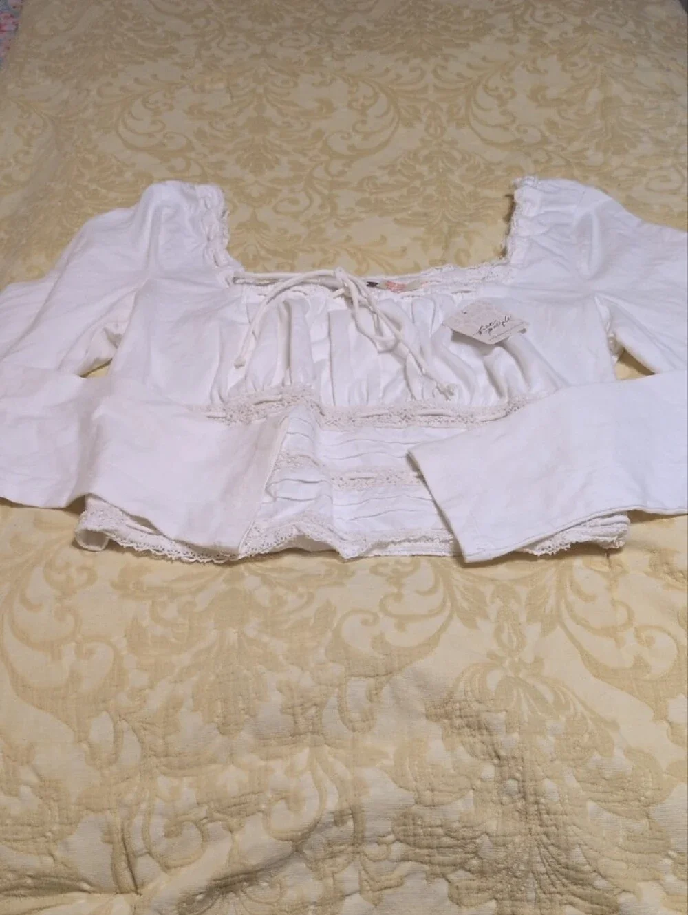 Free People Scarlet Off-Shoulder Lace Trim Crop Top In Cream, SZ L, NWT